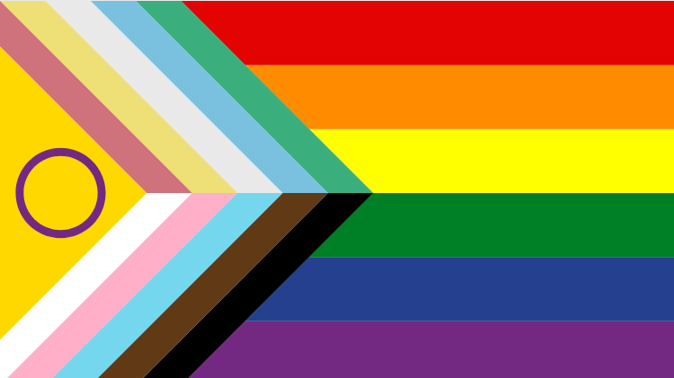 Version A: Die Flagge enthält die farbigen Streifen der Regenbogenflagge. Links befinden sich 6 hintereinander versetzte Dreiecke mit unterschiedlich gefärbten Rändern, die jeweils oben und unten anders gefärbt sind. Im ersten ist ein violetter Kreis.