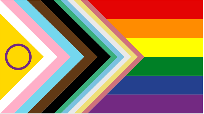 Version B: Die Flagge enthält die farbigen Streifen der originalen Regenbogenflagge. Links befinden sich 6 seitlich hintereinander versetzte Dreiecke mit unterschiedlichn Farben. Im ersten Dreieck ist ein Kreis.